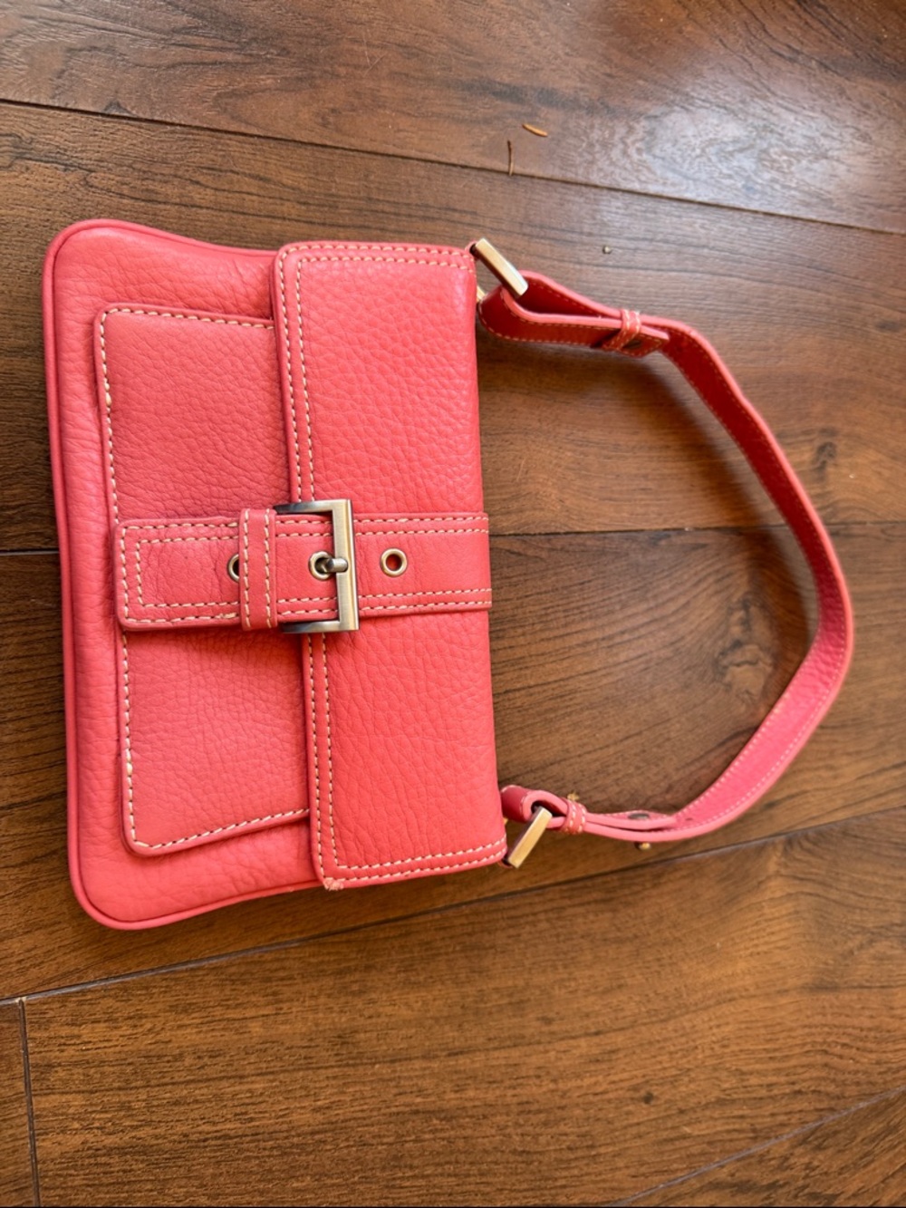 Talbots Coral Pebbled Leather Buckle Shoulder Bag